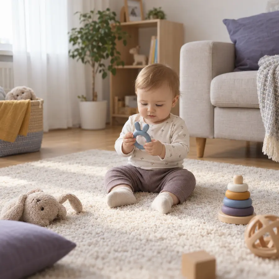 Малыш с силиконовым прорезывателем на светлом ковре